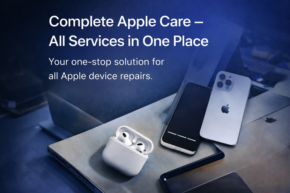Complete Apple Care services with Apple devices including iPhone and AirPods on a desk.
